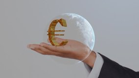 On start, suited hand holding rotating gold euro within globe, tickers updating to show volatility. Finance, investment, currency, analytics, global economy, markets, data visualization - Powered by Shutterstock - Get 15% off with code: PIKWIZARD15