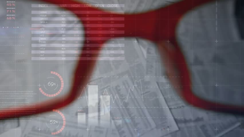Fading percentage overlays sparking red glasses drifting and rotating, charts cycling for data view. Finance, analytics, investment, technology, data visualization, marketing, business - Powered by Shutterstock - Get 15% off with code: PIKWIZARD15