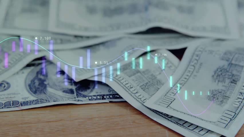 Hand folding $100 bill into tent with line graph and candlesticks oscillating showing market trends. Financial analysis, investment, trading, digital data, stock market, economic growth
