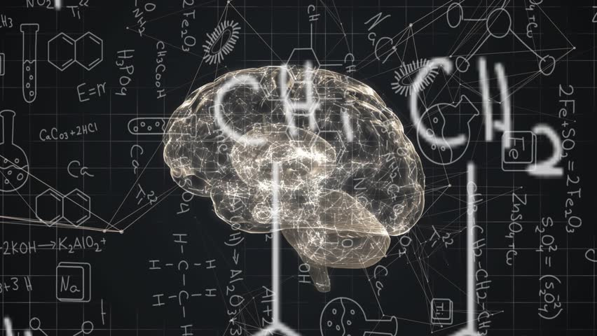 3D neural brain model appearing on chalkboard formulas rotating and pulsing to visualize chemistry. Neural, molecular, chemistry, innovation, technology, science, research - Powered by Shutterstock - Get 15% off with code: PIKWIZARD15