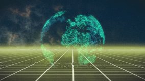Faint nodes over neon grid initiating network globe assembling, rotating to illustrate expansion. Futuristic, digital, abstract, technology, innovation, visualization, cyberspace - Powered by Shutterstock - Get 15% off with code: PIKWIZARD15