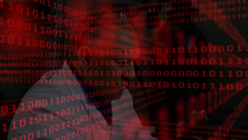 Upon binary code overlay appearing, IT tech reaching for keys and typing in data center diagnostics. Technology, cybersecurity, innovation, data, analytics, digital, programming - Powered by Shutterstock - Get 15% off with code: PIKWIZARD15