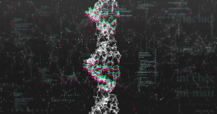 RGB glitching starting network column pulsing undulating as code scrolling showing flow stabilizing. Futuristic, digital, cybernetic, technological, neon, abstract, data