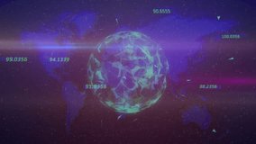 Polygonal globe materializing amid grid sliding data tags tracing curved arcs mapping global links. Futuristic, technology, data visualization, digital, neon, abstract, connectivity - Powered by Shutterstock - Get 15% off with code: PIKWIZARD15