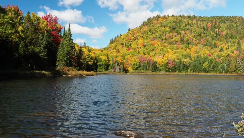Autumn forest reflected in calm lake, Sept-Chutes Regional Park, Quebec, Canada