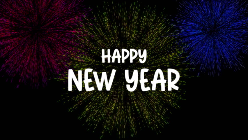 Happy New Year typography with RGB glitch and bursting fireworks on black background, a festive modern greeting design. 4K video
