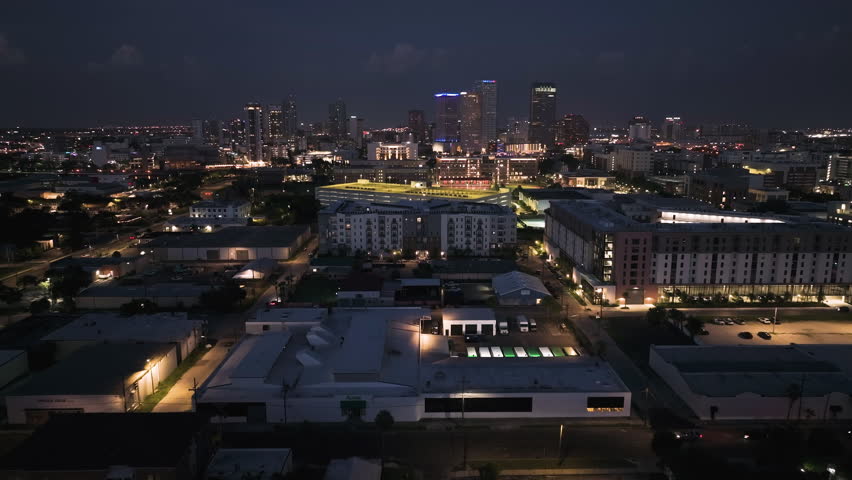 Downtown Tampa Skyline At Night In Florida, United States of America. - aerial shot