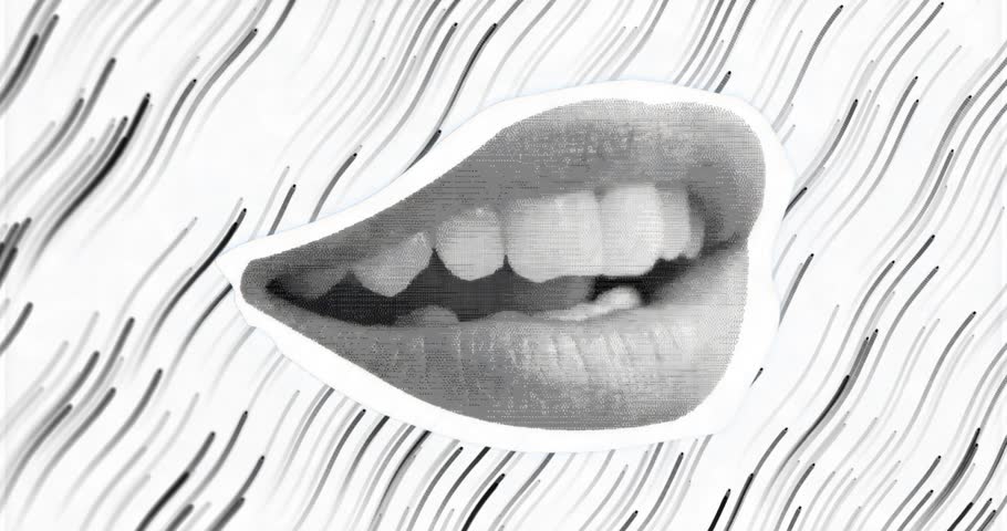 Collage mouth starting smile while hand-drawn wavy lines undulating and creating breathing illusion. Abstract, monochrome, illusion, dynamic, rhythmic, minimalistic, design