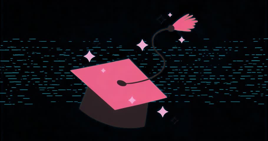 Glitch lines sliding triggers mortarboard cap rotating tassel swinging stars celebrating graduation. Celebration, achievement, digital art, motion, success, milestone, innovation