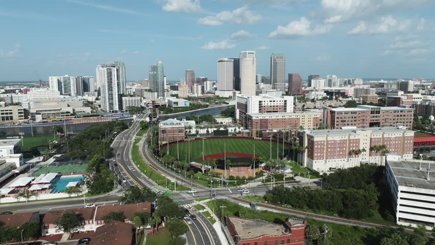 Aerial View Of University of Tampa Baseball Field And Downtown In Tampa, Florida, USA.