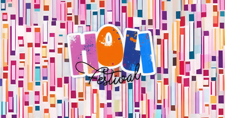 Logo fading activating Holi Festival graphic while bars pulsing pastel hues celebrating Holi. Vibrant, abstract, animation, digital, energetic, colorful, festive