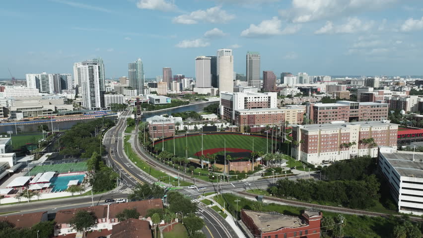 Aerial View Of Downtown Tampa Skyline With Baseball Field In The Foreground In Tampa, Florida, USA.