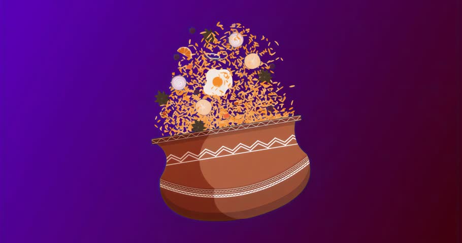 On start pot containing rice and egg halves with neon bars swirling illustrating ingredient mixing. Abstract, digital, vibrant, modern, layered, dynamic, eclectic