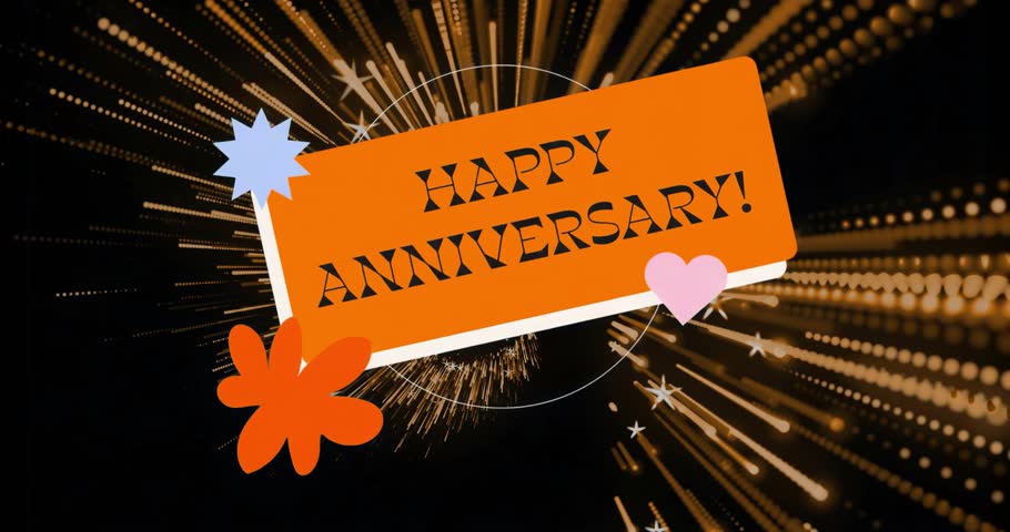 Orange anniversary banner appearing center golden rays pulsing behind festive icons sustaining mood. Celebration, festivity, elegance, energy, abstract, vibrant, glamour