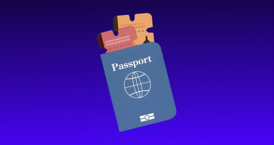 On start, passport icon sliding with tickets and neon ring emerging, oscillating for travel concept. Digital, travel, futuristic, technology, adventure, navigation, harmony