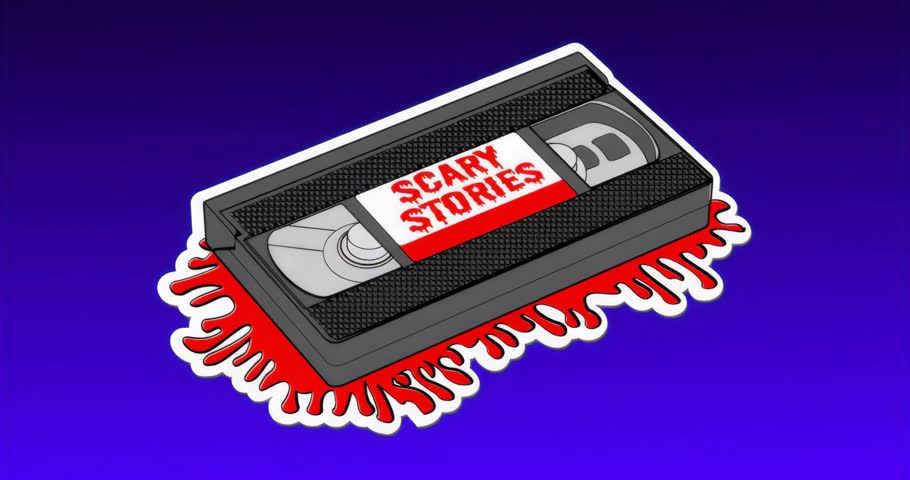At start looping Scary Stories VHS cassette spinning spools tilting puddle pulsing stars twinkling. Retro, nostalgic, surreal, cinematic, mysterious, atmospheric, moody