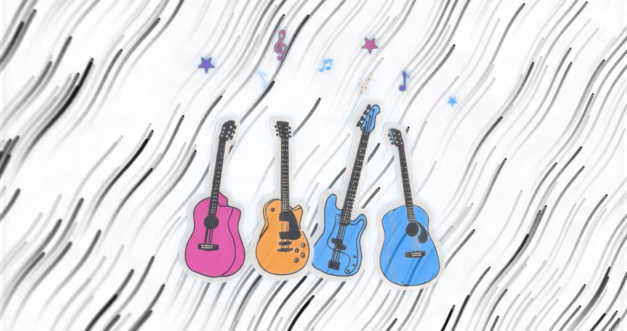 Guitars appearing centre with black lines drifting, bobbing and symbols floating for lively intro. Musical, animation, vibrant, rhythm, abstract, instrumentation, entertainment