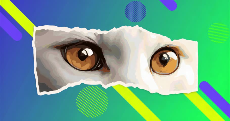 Torn paper revealing white cat eyes opening, blinking, squinting against gradient geometric design. Animal gaze, digital art, abstract design, vibrant palette, minimalistic, curiosity, focus