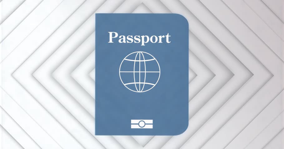Opening scene showing blue passport icon staying fixed over white diamond panels showcasing ID. Digital, branding, minimalism, travel, security, technology, corporate