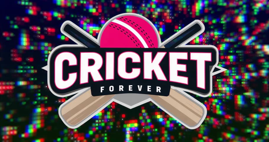 Pixel glitching, starting oscillating ball above cricket bats under CRICKET FOREVER text in loop. Sports, digital, techno, competition, branding, futuristic, vibrant
