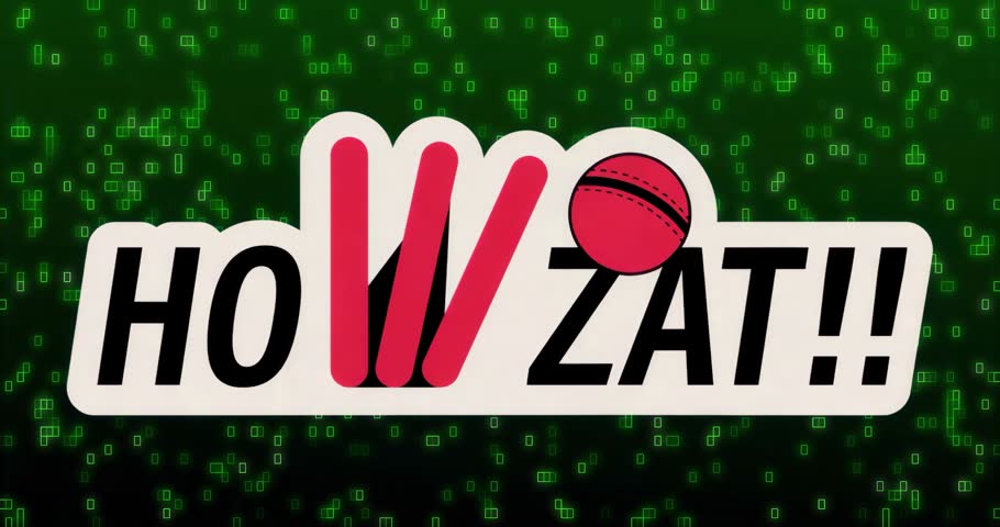 As green squares drifting, HOWZAT!! letters and stumps appearing for logo reveal, red ball spinning. Futuristic, digital, animation, branding, technology, innovation, graphic design