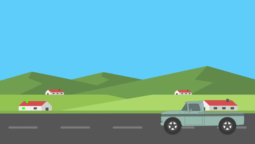 4K Flat Design Vintage Pickup Truck Driving on Country Road Animation