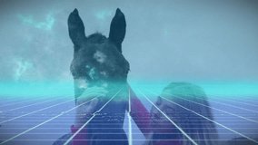 Retro neon grid overlay activating as caretaker stroking horse muzzle and placing kiss showing bond. Digital, connection, intimacy, serene, artistic, bond, countryside - Powered by Shutterstock - Get 15% off with code: PIKWIZARD15