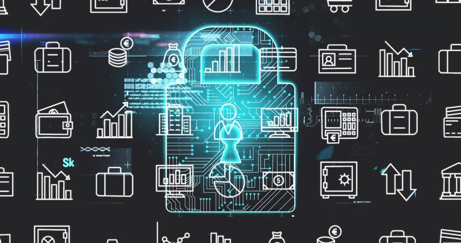 Displaying scanning prompt and pulses, padlock icon streaming data, orbiting icons securing network. Cybersecurity, data protection, digital fortress, encryption, finance, technology, network security