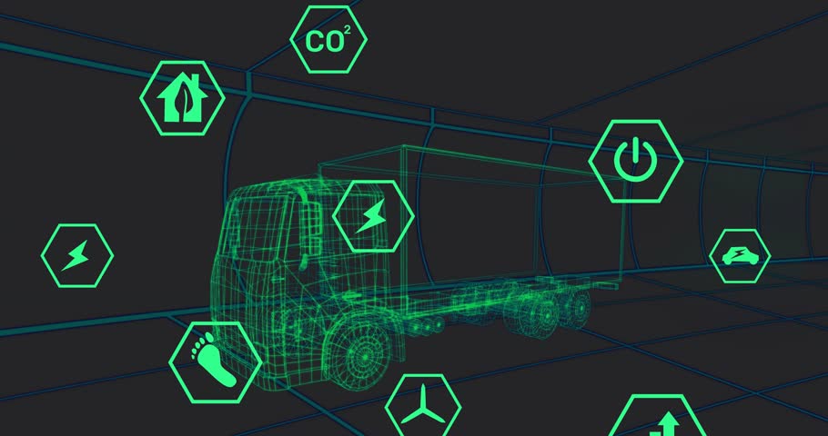 Opening wireframe truck showing hex icons floating and rotating visualizing sustainability. Technology, data visualization, digital graphics, eco-friendly, innovation, analytics, industrial