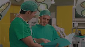 Reviewing patient chart, two surgeons in operating suite with AR metrics updating for surgery prep. Medical, collaboration, futuristic, healthcare, technology, precision, efficiency - Powered by Shutterstock - Get 15% off with code: PIKWIZARD15