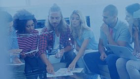 Colleagues leaning and pointing at chart initiating network nodes overlay during business session. Collaboration, teamwork, innovation, data visualization, network, digital, brainstorming - Powered by Shutterstock - Get 15% off with code: PIKWIZARD15