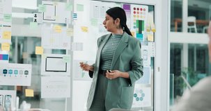 Business, woman and presentation with glass in office for ux design, ui layout and interface planning. Speaker, explain and notes with wireframe for user experience, template and ideas for software - Powered by Shutterstock - Get 15% off with code: PIKWIZARD15