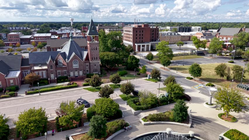 aerial slow pullout over fountain park in rock hill sc, south carolina