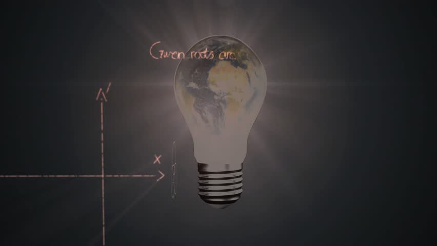 Fading lightbulb globe initiating chalking math formulas, graphs and diagrams for visualization. Geometric, educational, illustrative, analytical, abstract, scientific, conceptual