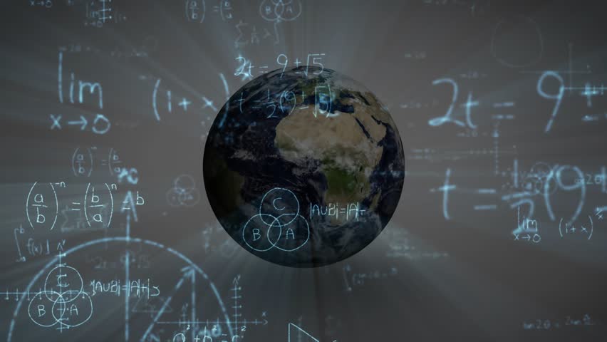 Globe fading in initiating rotating 3D Earth with drifting equations and beams visualizing math. Geography, education, innovation, futurism, data visualization, technology, science