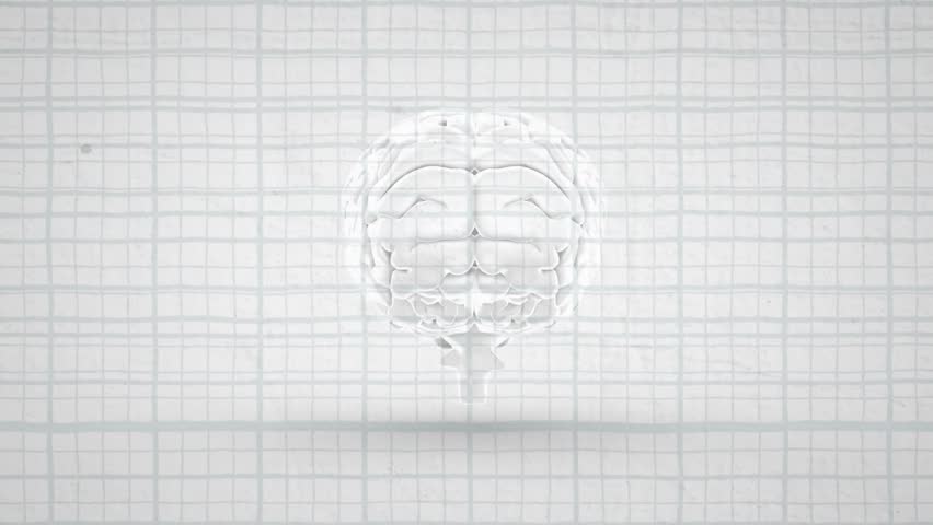 Grid background shifting and revealing brain contours while molecules appearing rotating around it. Futuristic, scientific, digital, innovative, cerebral, abstract, technological