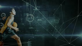 Athlete holding basketball and running through data lines dunking ball showing sports analytics. Athlete, performance, technology, fitness, innovation, competition, dynamic - Powered by Shutterstock - Get 15% off with code: PIKWIZARD15