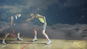 Player dribbling crossover feint beating defender shooting with sports data overlays. Athletics, sports, competition, motion, agility, high-tech, futuristic - Powered by Shutterstock - Get 15% off with code: PIKWIZARD15