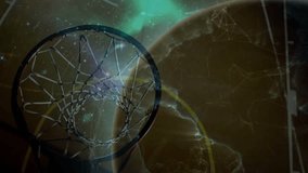 Ball dropping under hoop, athlete dunking, globe brightening and data pulsing in sports tech. Dynamic, futuristic, cosmology, athleticism, innovation, digital, technology - Powered by Shutterstock - Get 15% off with code: PIKWIZARD15