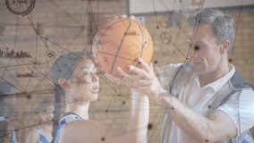 Girl holding basketball triggers coach guiding free-throw form in sports hall with network diagrams. Athletic, training, mentorship, discipline, focus, teamwork, education - Powered by Shutterstock - Get 15% off with code: PIKWIZARD15