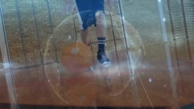 Adolescent boy practicing basketball dribbling drill in gym, integrating glowing analytics overlay. Athlete, fitness, training, sportswear, digital, performance, motion - Powered by Shutterstock - Get 15% off with code: PIKWIZARD15