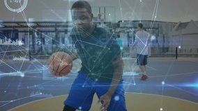 Basketball analytics graphics materializing over court tracking male athlete dribbling motion. Sports, performance, technology, data visualization, outdoor, athleticism, fitness - Powered by Shutterstock - Get 15% off with code: PIKWIZARD15