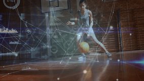 Teenage female athlete entering frame, dribbling between hands with data overlays during training. Sports, agility, digital, training, performance, motion, youth - Powered by Shutterstock - Get 15% off with code: PIKWIZARD15