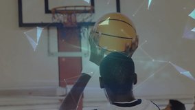 Shifting feet into stance, basketball player executing jump shot through digital globe for practice. Athletics, sports, technology, digital, competition, motion, design - Powered by Shutterstock - Get 15% off with code: PIKWIZARD15