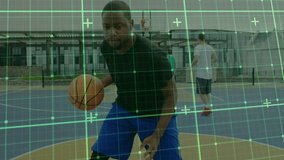 Male athlete receiving basketball, practicing dribbling in training with AR overlay boosting speed. Athlete, sport, training, court, agility, motion, urban - Powered by Shutterstock - Get 15% off with code: PIKWIZARD15