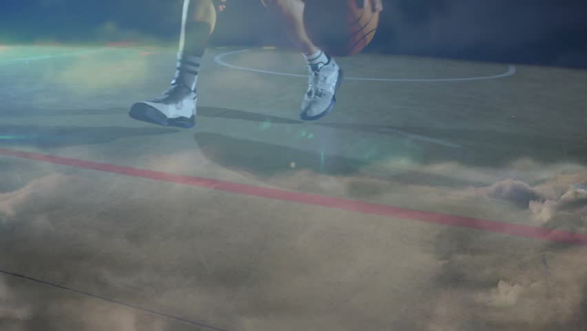 Basketball player guiding bouncing ball, initiating network overlay for data visualization and haze. Dynamic, athletic, futuristic, performance, digital, motion, competitive - Powered by Shutterstock - Get 15% off with code: PIKWIZARD15