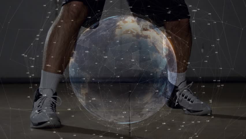 Male basketball player dribbling ball on court, activating globe overlay and surveying hoop. Athletics, sportswear, dynamic, performance, fitness, teamwork, modern - Powered by Shutterstock - Get 15% off with code: PIKWIZARD15