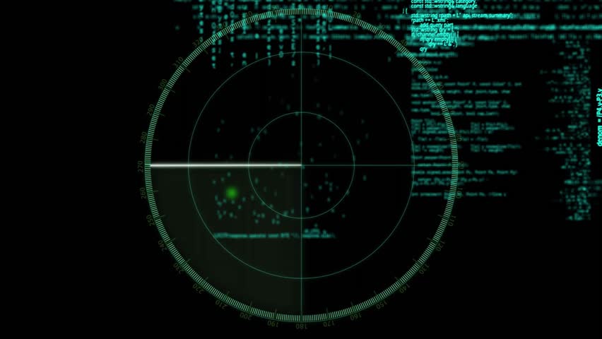 Scan line starting sweep over radar grid while pulsing blip streaming code showing data detection. Cyber, technology, futuristic, digital, security, interface, neon