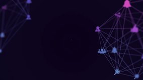Network emerging purple backdrop pin pulsing panning icons appearing converging toward user group. Digital, connectivity, neon, branding, technology, communication, innovation - Powered by Shutterstock - Get 15% off with code: PIKWIZARD15