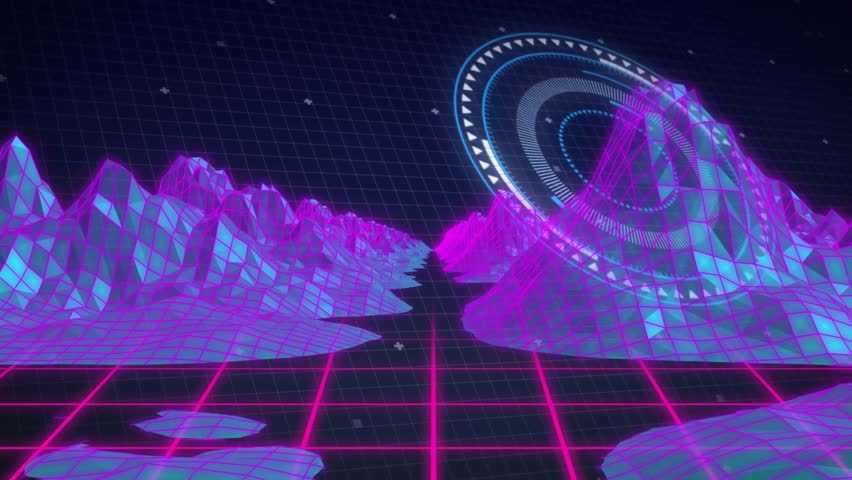 On loop start, neon grid with rotating HUD pulsing, panels emerging to visualize retro navigation. Cyberspace, futuristic, digital, technology, abstract, virtual, neon